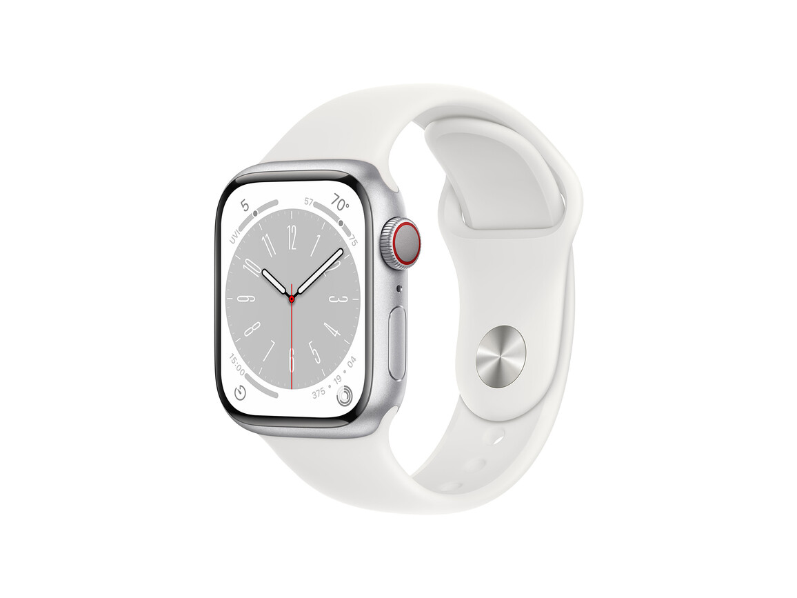 Apple Watch Series 8 GPS + Cellular, Aluminium silber, 41mm mit Sportarmband, weiß&gt;