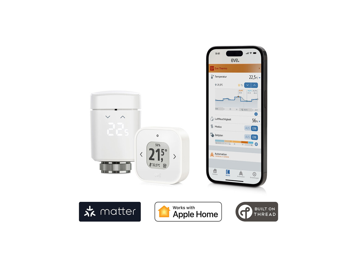 Eve Thermo Raumkomfort-Set für Apple Home, 1 Eve Thermo + 1 Eve Thermo Control