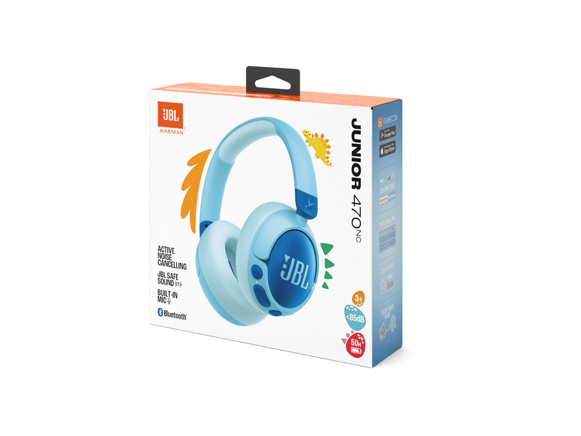 JBL JR470NC, kabellose NC Over-Ear Kopfhörer für Kinder <85dB, blau